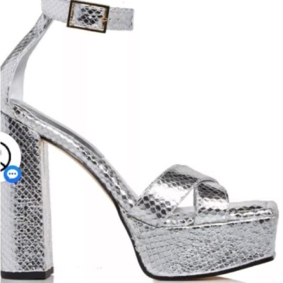 NIB Good American Silver Snake Embossed platform block heel sandal - Picture 2 of 11
